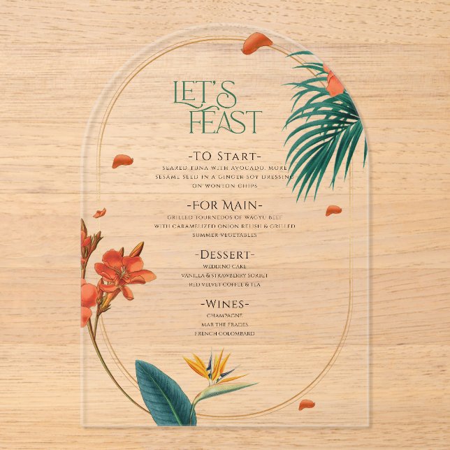 Invitaciones Acrílicas Menú de Boda de Flores Tropicales Elegantes (Anverso)