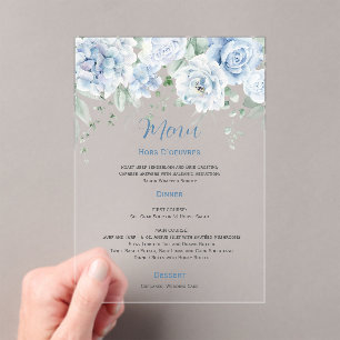 Invitaciones Acrílicas Menú de Boda Floral Azul Pálido