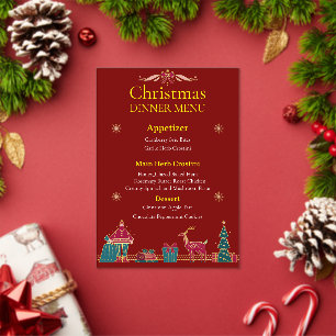 Invitaciones Acrílicas Menú de Cena de Navidad Elegante Rojo y Dorado C