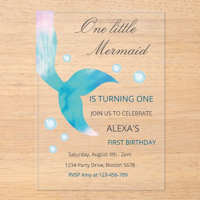 Invitaciones Acrílicas Mermaid 1st Birthday Under The Sea Mermaid Party  (Anverso)