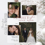 Invitaciones Acrílicas Merrily siempre después del guión rojo 4 foto<br><div class="desc">Esta encantadora tarjeta acrílica de vacaciones captura la magia de la temporada, mostrando maravillosamente tu historia de amor con cuatro fotos sentidas. El audaz y festivo guión "MERRILY ever after" marca el tono, mientras tus momentos alegres juntos cobran vida dentro del marco. Desde acogedoras caminatas invernales hasta abrazos íntimos bajo...</div>