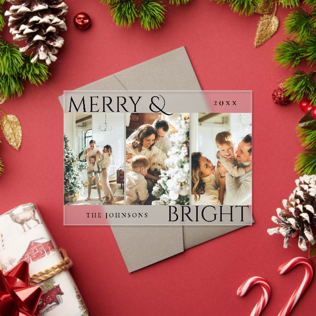Invitaciones Acrílicas Merry and Bright 3 Photo Collage Holiday Card (Insitu (Vacaciones))