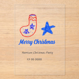 Invitaciones Acrílicas Merry Christmas blue star red stockings name date 