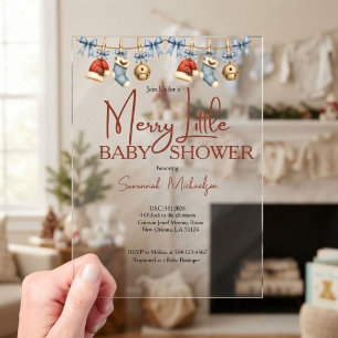 Invitaciones Acrílicas Merry Little Christmas Fiesta de Bebé Rojo y Azul