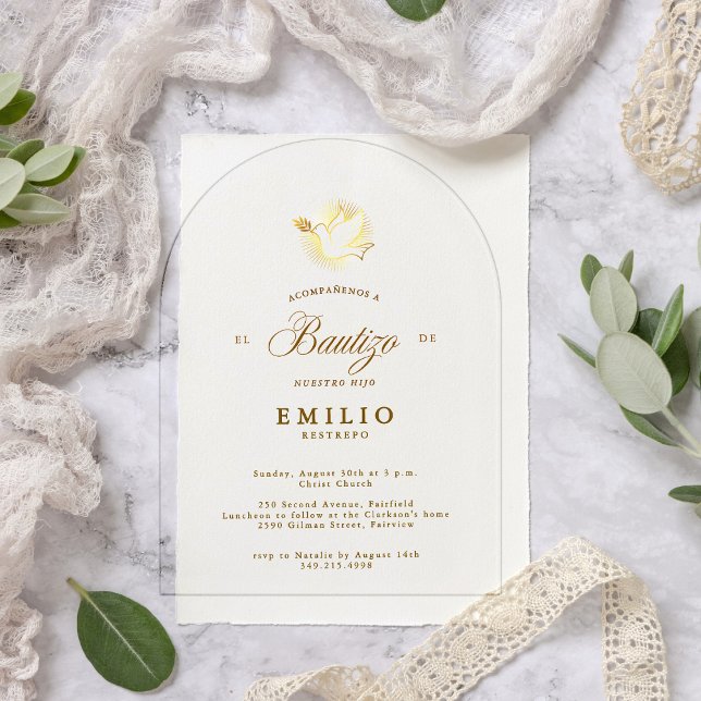 Invitaciones Acrílicas Mi Bautizo Gold domina el bautismo español (Mi Bautizo Gold Dove Spanish Baptism Acrylic Invitations)
