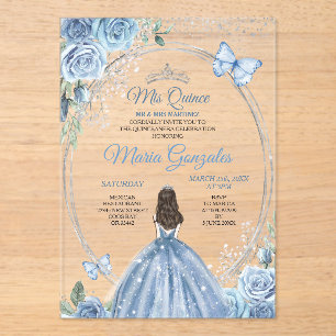 Invitaciones Acrílicas Mi Quince Dusty Blue & Silver Floral Quinceañera