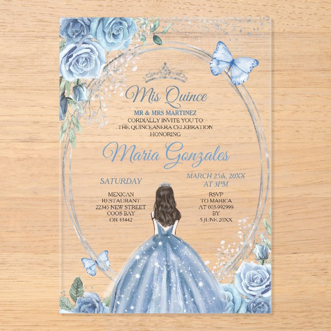 Invitaciones Acrílicas Mi Quince Dusty Blue & Silver Floral Quinceañera (Anverso)