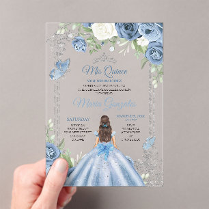 Invitaciones Acrílicas Mi Quince Dusty Blue & Silver Floral Quinceañera