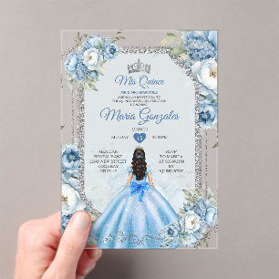 Invitaciones Acrílicas Mi Quince Dusty Blue & Silver Floral Quinceañera