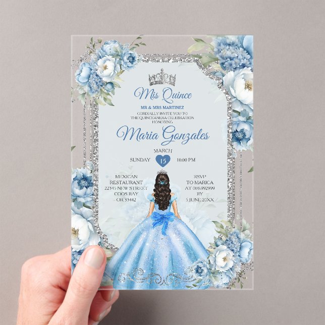 Invitaciones Acrílicas Mi Quince Dusty Blue & Silver Floral Quinceañera (Insitu (portátil))