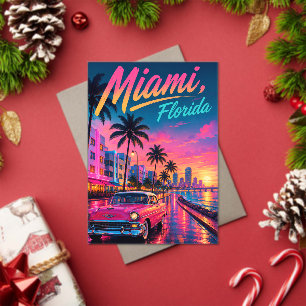Invitaciones Acrílicas Miami Florida Retro Neon Atardecer Viaje