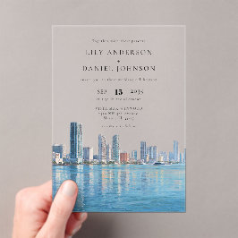 Invitaciones Acrílicas Miami Skyline Watercolor Destination Wedding