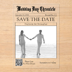Invitaciones Acrílicas Minimal 1 Código QR de Foto en Periódico Save the 