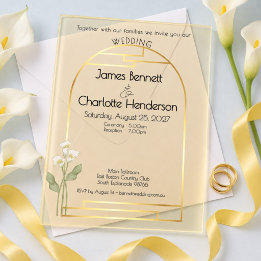 Invitaciones Acrílicas Minimal Art Nouveau Gold Arch Lily Wedding Yellow
