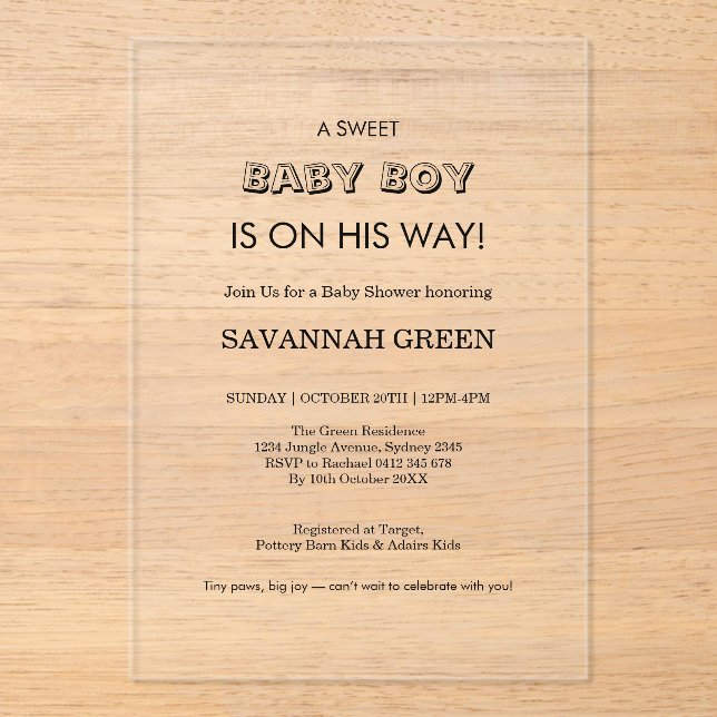 Invitaciones Acrílicas Minimal Baby Boy Shower Typography Design (Anverso)