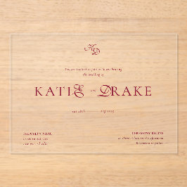 Invitaciones Acrílicas Minimal Monogram Deep Burgundy Script Wedding
