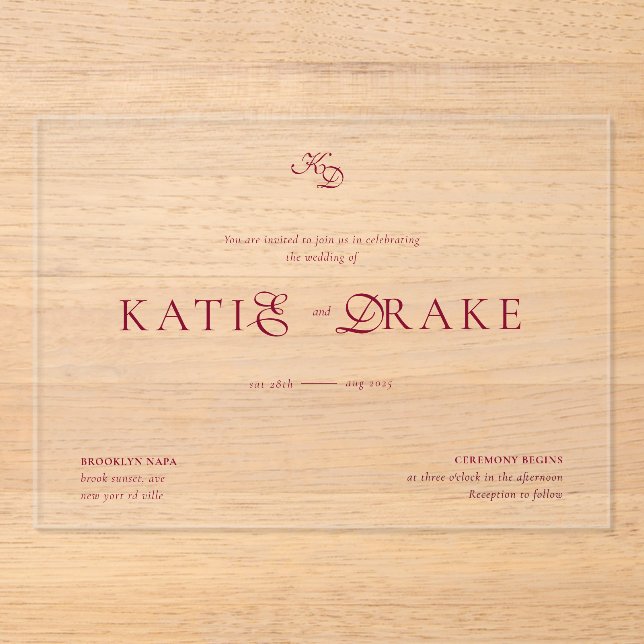 Invitaciones Acrílicas Minimal Monogram Deep Burgundy Script Wedding (Anverso)
