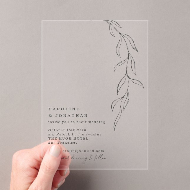 Invitaciones Acrílicas Minimalist Black Typewriter Font Botanical Wedding (Insitu (portátil))
