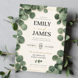 Invitaciones Acrílicas Minimalist Eucalyptus Sage Green Leaves and Gold 
