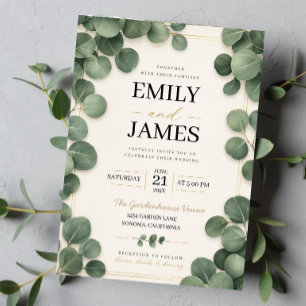 Invitaciones Acrílicas Minimalist Eucalyptus Sage Green Leaves and Gold
