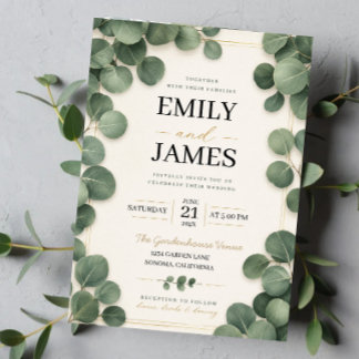 Invitaciones Acrílicas Minimalist Eucalyptus Sage Green Leaves and Gold