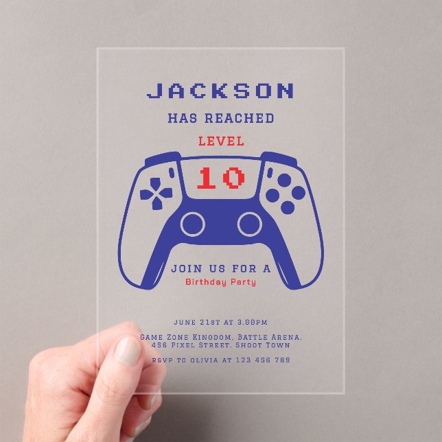 Invitaciones Acrílicas Minimalist Red and Blue Gamer Boys Birthday Party (Insitu (portátil))