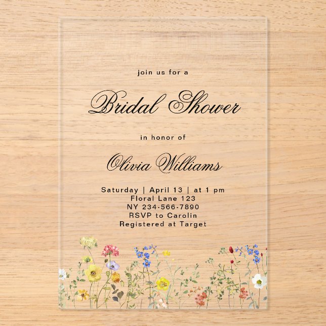 Invitaciones Acrílicas Minimalist Wildflower Bridal Shower (Anverso)