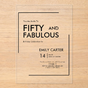 Invitaciones Acrílicas Mínimo cincuenta y fabuloso cumpleaños número 50
