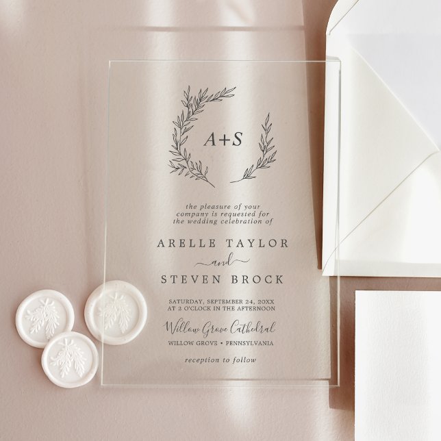 Invitaciones Acrílicas Mínimo Hoja Monograma Verdor Boho Boda moderno (Minimal Leaf Monogram Greenery Boho Modern Wedding Acrylic Invitations)