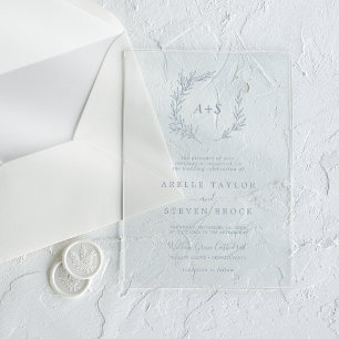 Invitaciones Acrílicas Mínimo Leaf Azul Monograma Verde Boho Boda