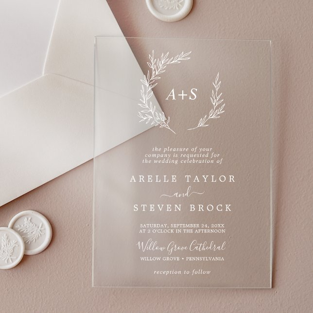 Invitaciones Acrílicas Mínimo Leaf Blanco Monograma Verde Boho Boda (Minimal Leaf White Monogram Greenery Boho Wedding Acrylic Invitations)