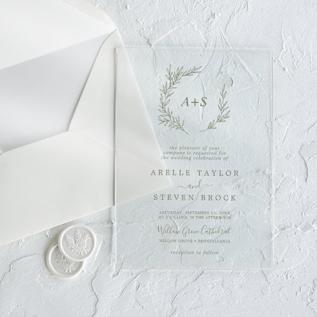 Invitaciones Acrílicas Mínimo Leaf Verde Monograma Verdor Boho Boda (Minimal Leaf Green Monogram Greenery Boho Wedding Acrylic Invitations)