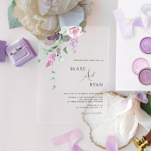 Invitaciones Acrílicas Mínimo moderno morado, malva y floral pastel