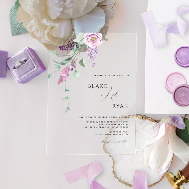Invitaciones Acrílicas Mínimo moderno morado, malva y floral pastel (Subido por el creador)