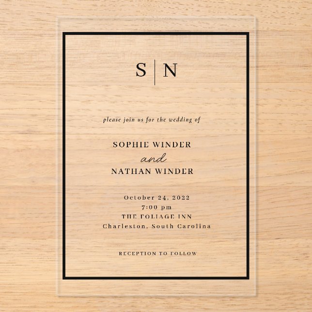 Invitaciones Acrílicas Mínimo y Chic | Boda en Blanco y Negro (Anverso)