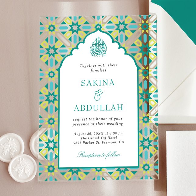 Invitaciones Acrílicas Mint Green Persian Mosaic Muslim Wedding (Subido por el creador)