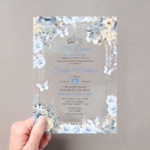 Invitaciones Acrílicas Mis Quince Azul Polvoriento y Floral de Quinceañer