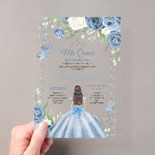Invitaciones Acrílicas Mis Quince Dusty Blue & Silver Floral Quinceañera