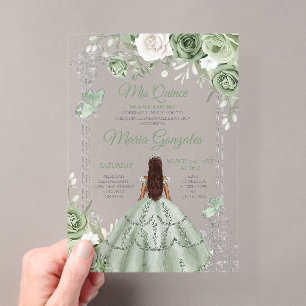 Invitaciones Acrílicas Mis Quince Plateado Sagrado Verde Floral Quinceañe