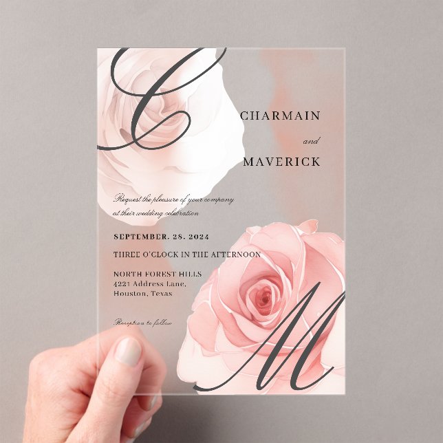 Invitaciones Acrílicas Mist Rubor Pink Monogram Boda (Insitu (portátil))