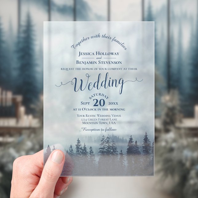 Invitaciones Acrílicas Misty Blue Mountain Pines Calligraphy Wedding (With Rectangle Cut)