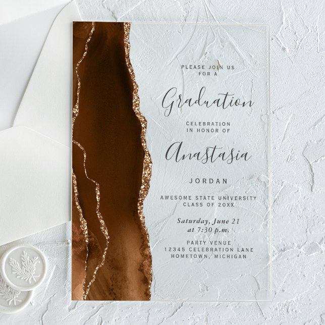 Invitaciones Acrílicas Mocha Brown Gold Agate Gray Text Graduation (Subido por el creador)
