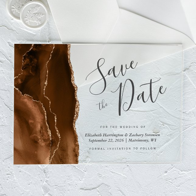 Invitaciones Acrílicas Mocha Brown Gold Agate Save the Date Card (Subido por el creador)