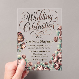 Invitaciones Acrílicas Mocha Brown pintó la celebración del Boda Peony