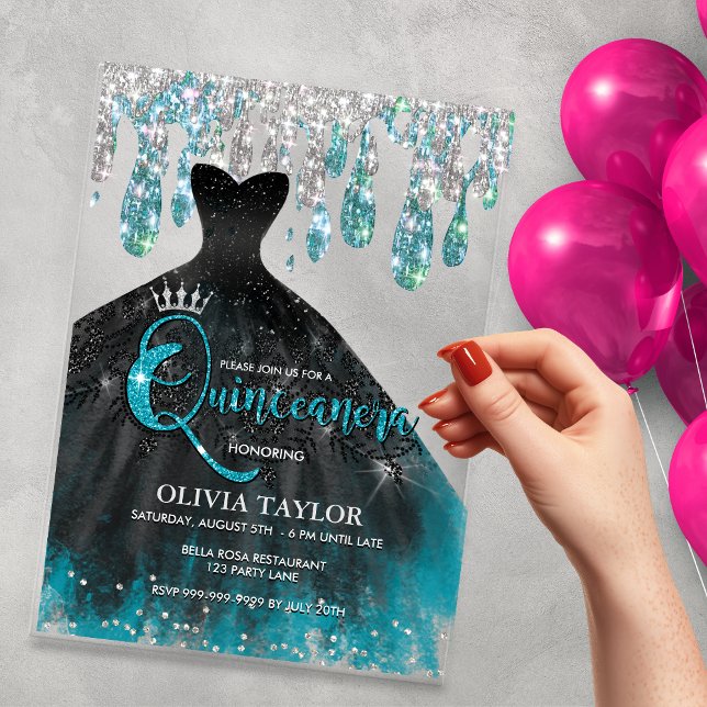 Invitaciones Acrílicas Moda azul agua goteo de cristal Quinceanera (Subido por el creador)