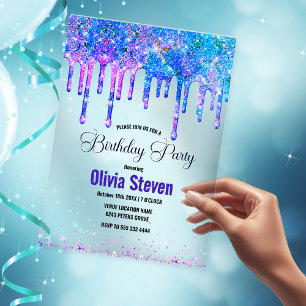 Invitaciones Acrílicas Moda azul púrpura oscuro goteo purpurina cumpleaño