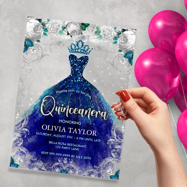 Invitaciones Acrílicas Moda azul real vestido verde azulado floral Quince (Subido por el creador)