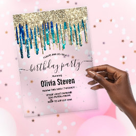 Invitaciones Acrílicas Moda azul turquesa purpurina oro gotea cumpleaños