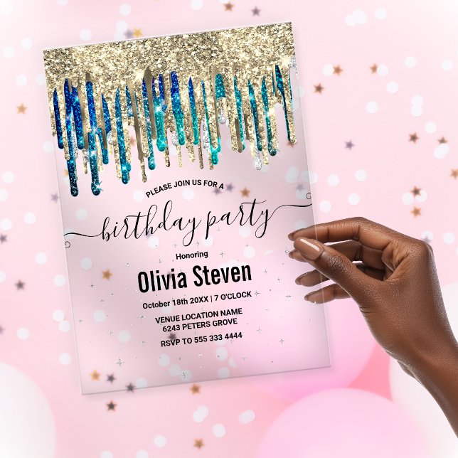 Invitaciones Acrílicas Moda azul turquesa purpurina oro gotea cumpleaños (Subido por el creador)