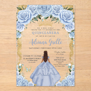 Invitaciones Acrílicas Moda Bebé Flores Azules Princesa Marrón Quinceañer